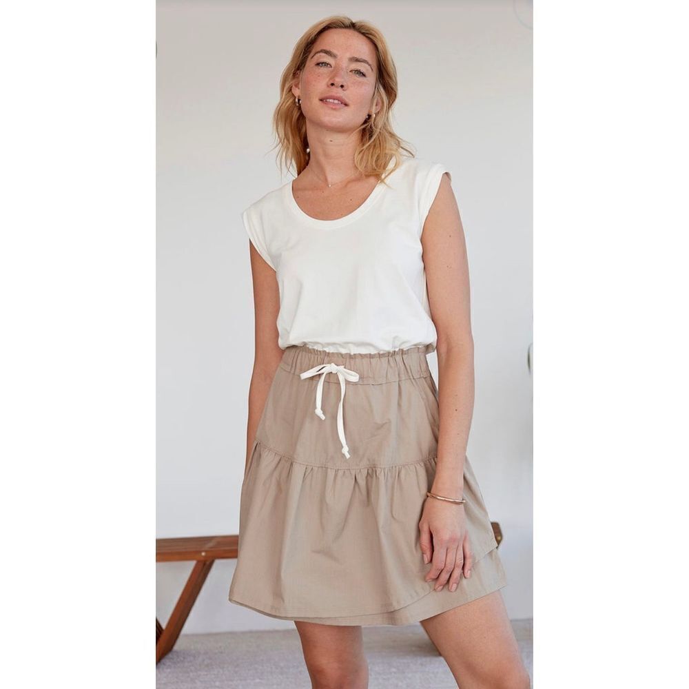 Grey State Womens Helena Dress‎ Khaki Skirt Drawstring Cap Sleeve Ivory Size 0